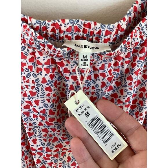 Vtg Max Studio Floral Heart Print Midi Skirt M Red Tiered Ruffle Cottage Prairie - Picture 2 of 11